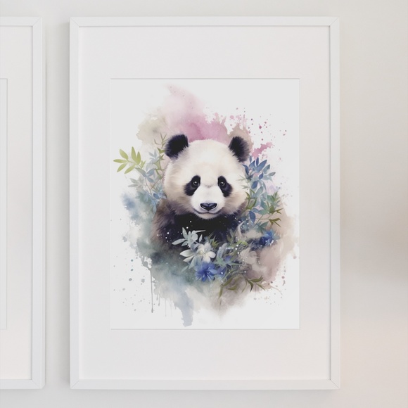 Watercolor Panda Bear With Flowers Portrait Wall Art Illustration Print Unframed - Picture 3 of 6
